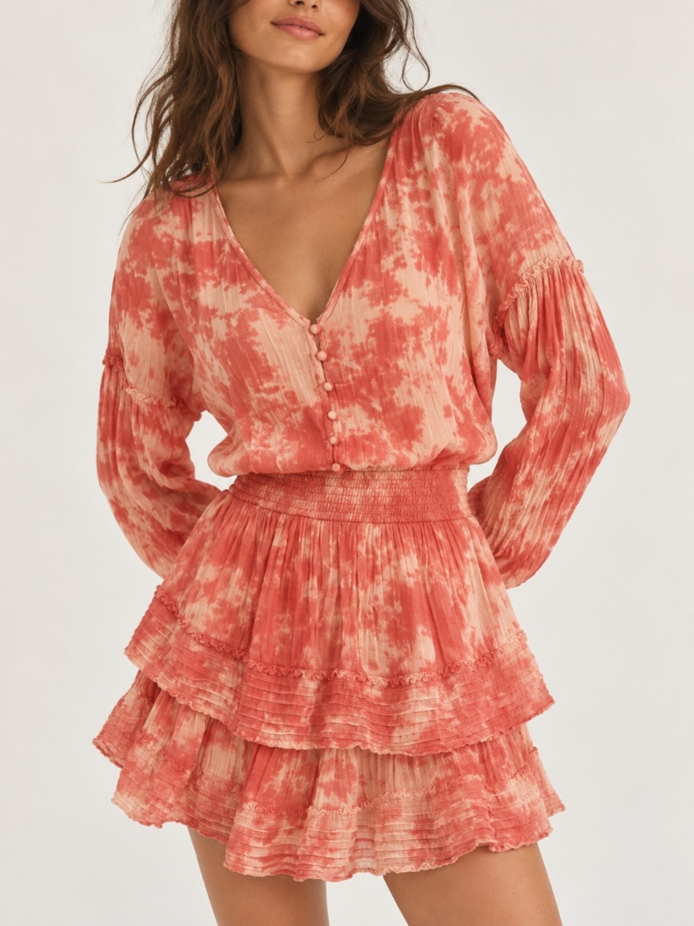 Aerie Mini Dress Pop Over Tie Dye Peach Ruffles Sleeves Bohemian Vibe Small